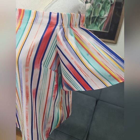 Do + BE Colorful Off Shoulder Silky Vertical Stripes Top - Picture 10 of 14